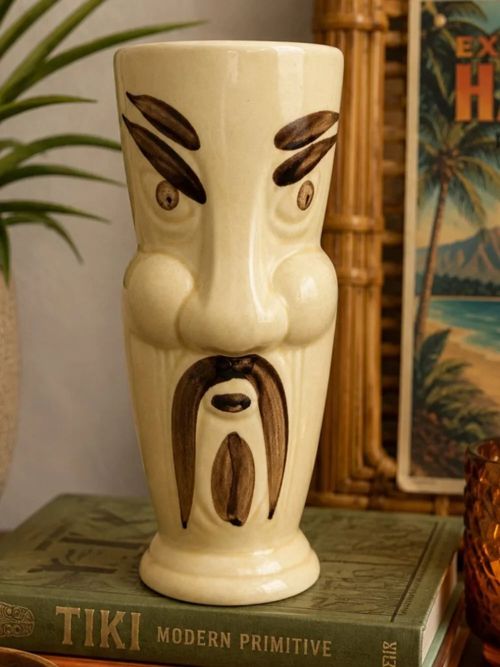 Vintage Mid-Century Tiki Face Ceramic Vase/Mug–Fu Manchu Design – Made in China